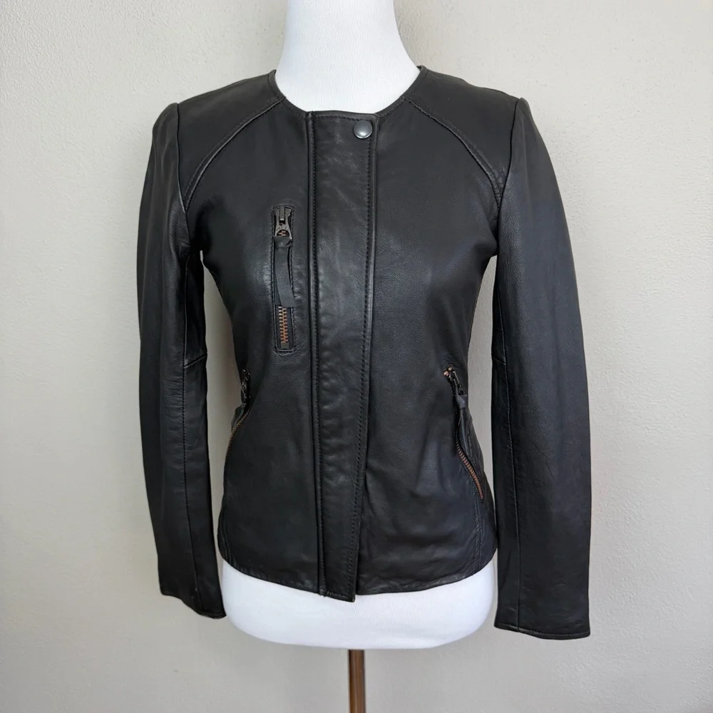 Madewell Metropolis Moto Collarless Black Leather Jacket Size XS